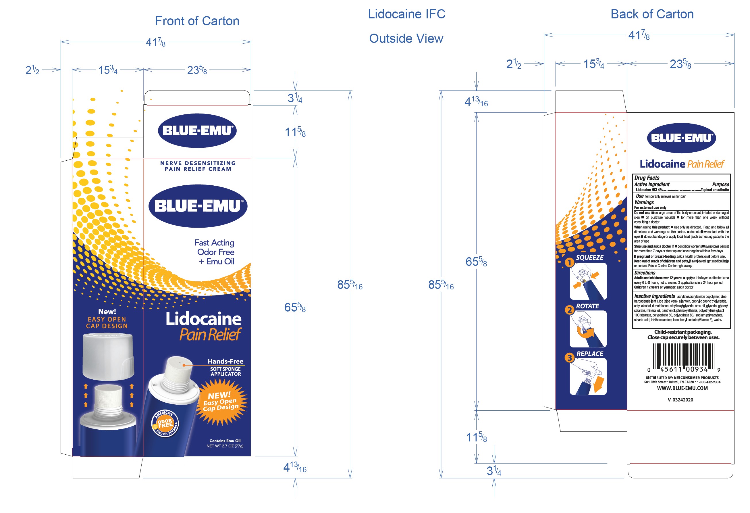 Blue-Emu Lidocaine carton dieline — front and back of carton with measurements